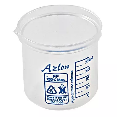 Stackable Polypropylene Beakers, Blue Graduations, 25 mL, case/10